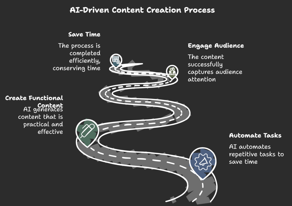 Illustrated path showing AI-driven content creation processes such as saving time, engaging the audience, and automating tasks.